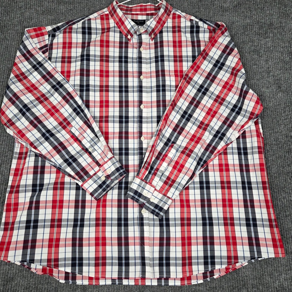 Double Pump Mens 3XL Plaid Button Down Shirt Red White Navy Blue 100%‎ Cotton